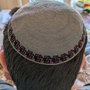 Hand Crafted Gray and Red Crochet Kippah. Jewish. Made In Israel.